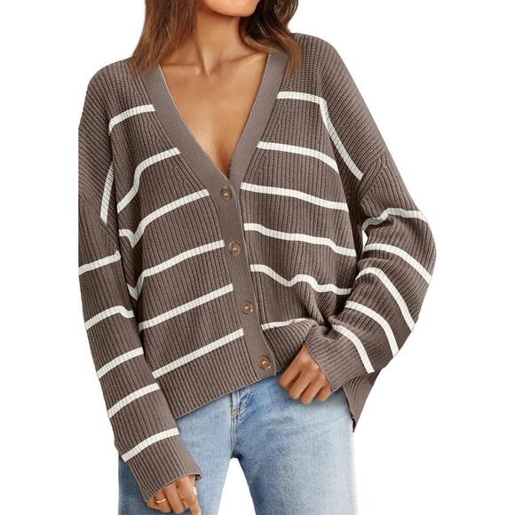 Lillusory Womens Stretch Knit Button Front Striped Cardigan Sweater Size L Brown - Picture 1 of 8